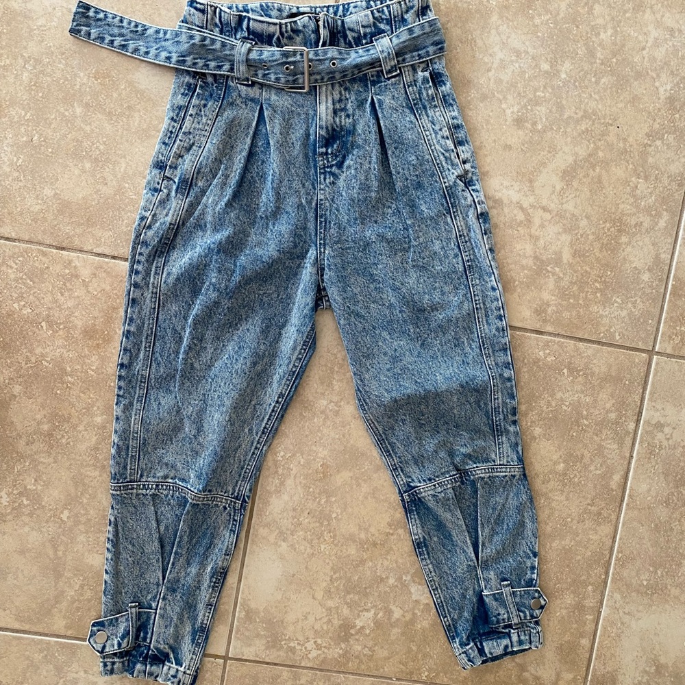 High Waisted Belted Dark Blue Acid Wash Jeans